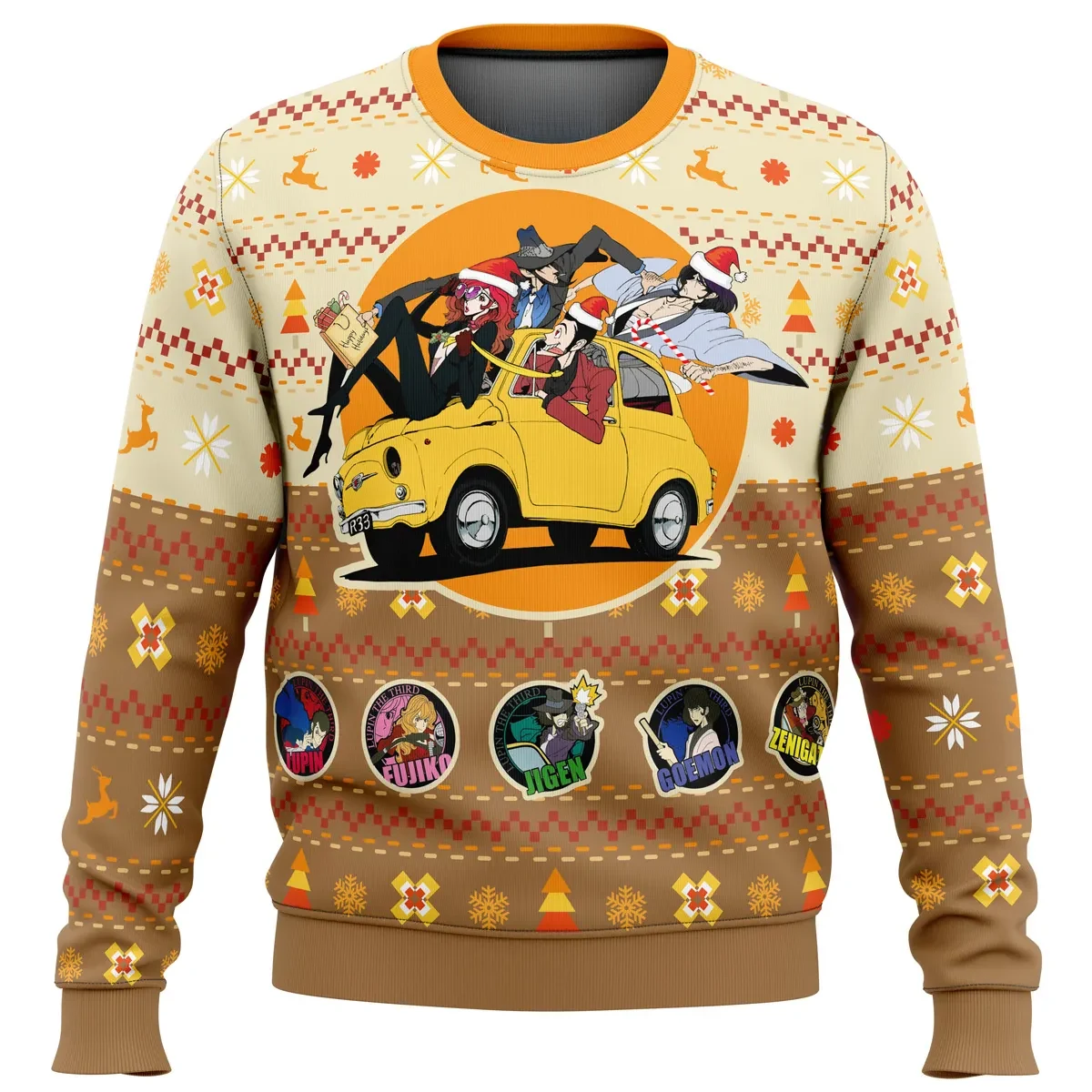 Lupin the 3rd Happy Trip Ugly Christmas Sweater, Lupin III Jigen Goemon Yellow Fiat Anime Holiday Sweatshirt, Unisex Xmas Gift