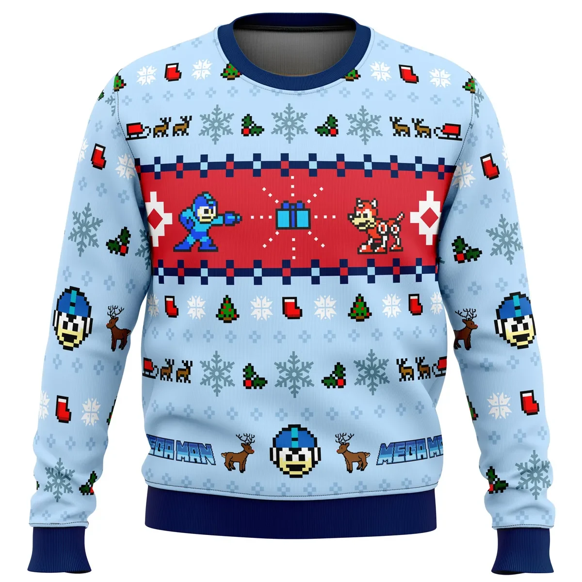 Mega Man Mega Holiday Ugly Christmas Sweater, Mega Man and Rush Holiday Sweater, Pastel 8-Bit Blue Bomber Pixel Art, Gamer Xmas Gift