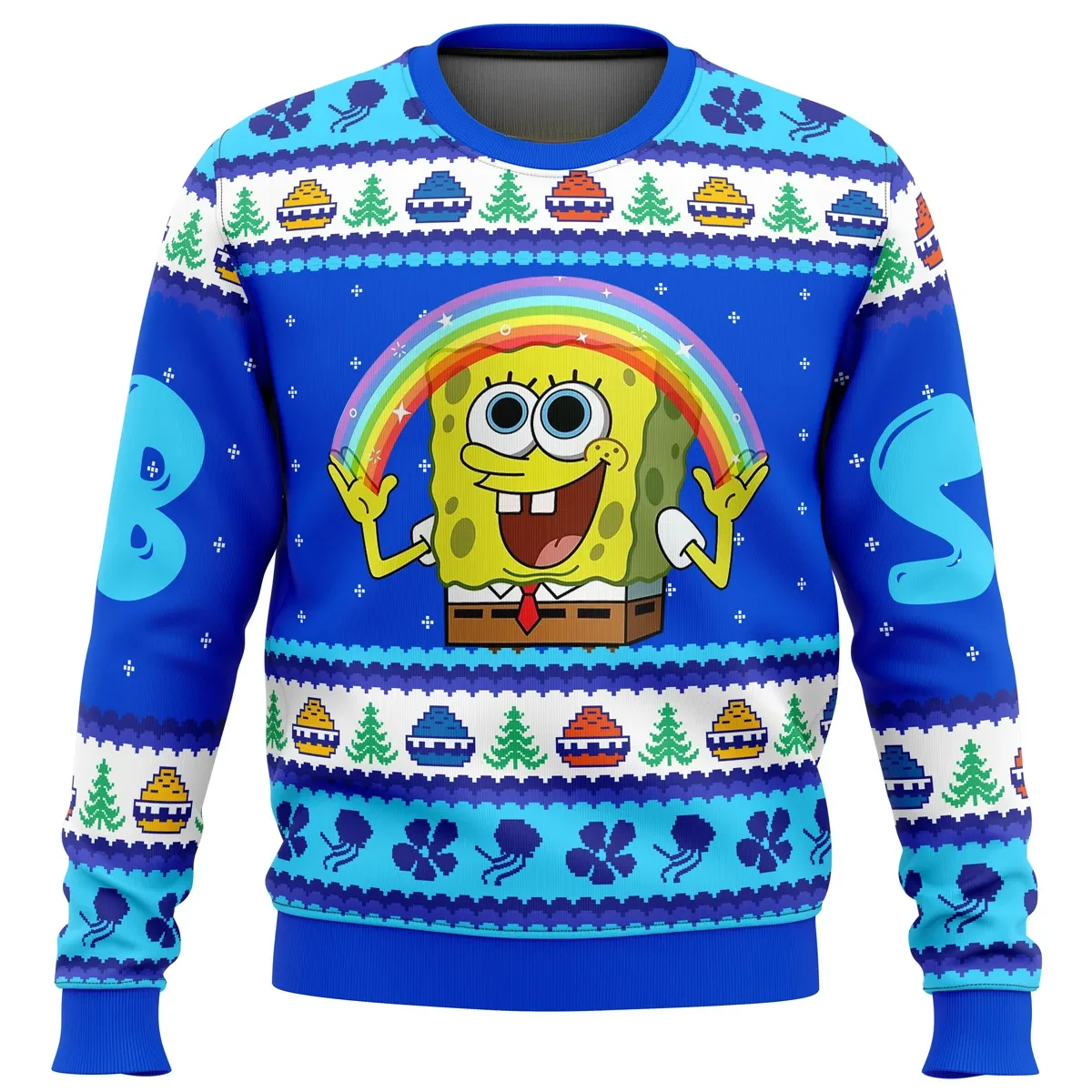 Rainbow SpongeBob Ugly Christmas Sweater, Imagination Meme Nickelodeon Cartoon Holiday Sweater, Funny Bikini Bottom Xmas Gift for Fans