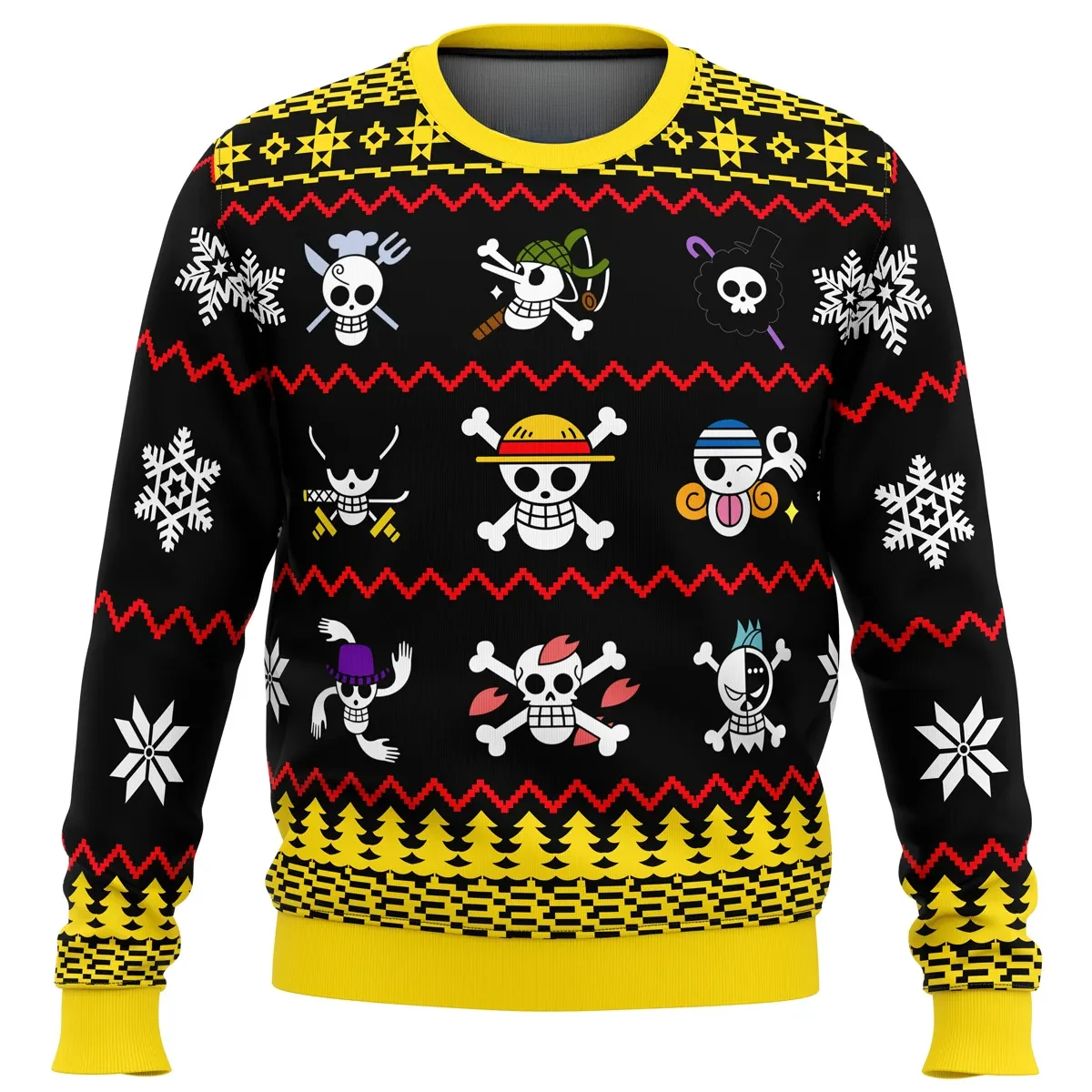 One Piece Pirate Flags Ugly Christmas Sweater, Straw Hat Jolly Roger Holiday Sweater, Luffy Zoro Nami Sanji Crew Emblems, Anime Xmas Gift