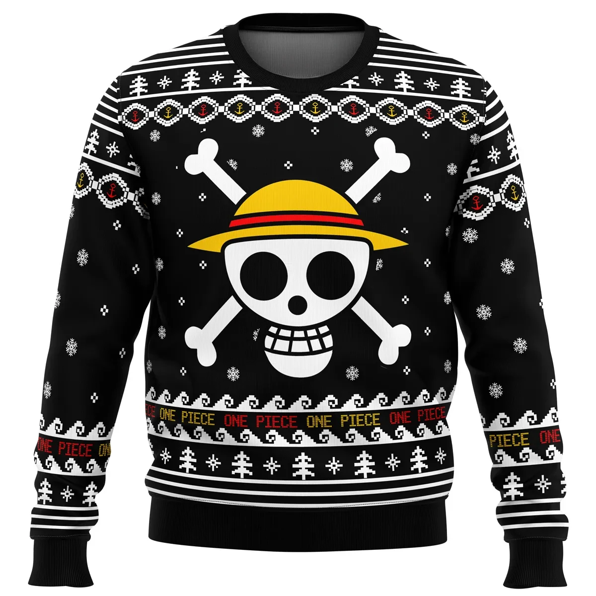 One Piece Straw Hat Pirates Ugly Christmas Sweater, Luffy Jolly Roger Holiday Sweater, Unisex All Over Print Pullover, Anime Xmas Gift for Fans