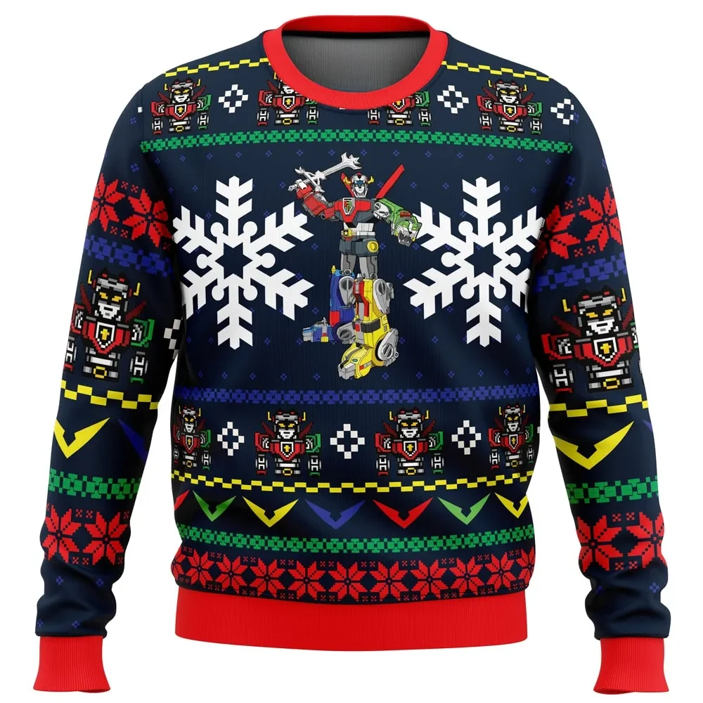 Yuletron Voltron Ugly Christmas Sweater, Retro Cartoon Holiday Sweater, Defender of the Universe Robot, 80s Xmas Gift for Anime Mecha Fans