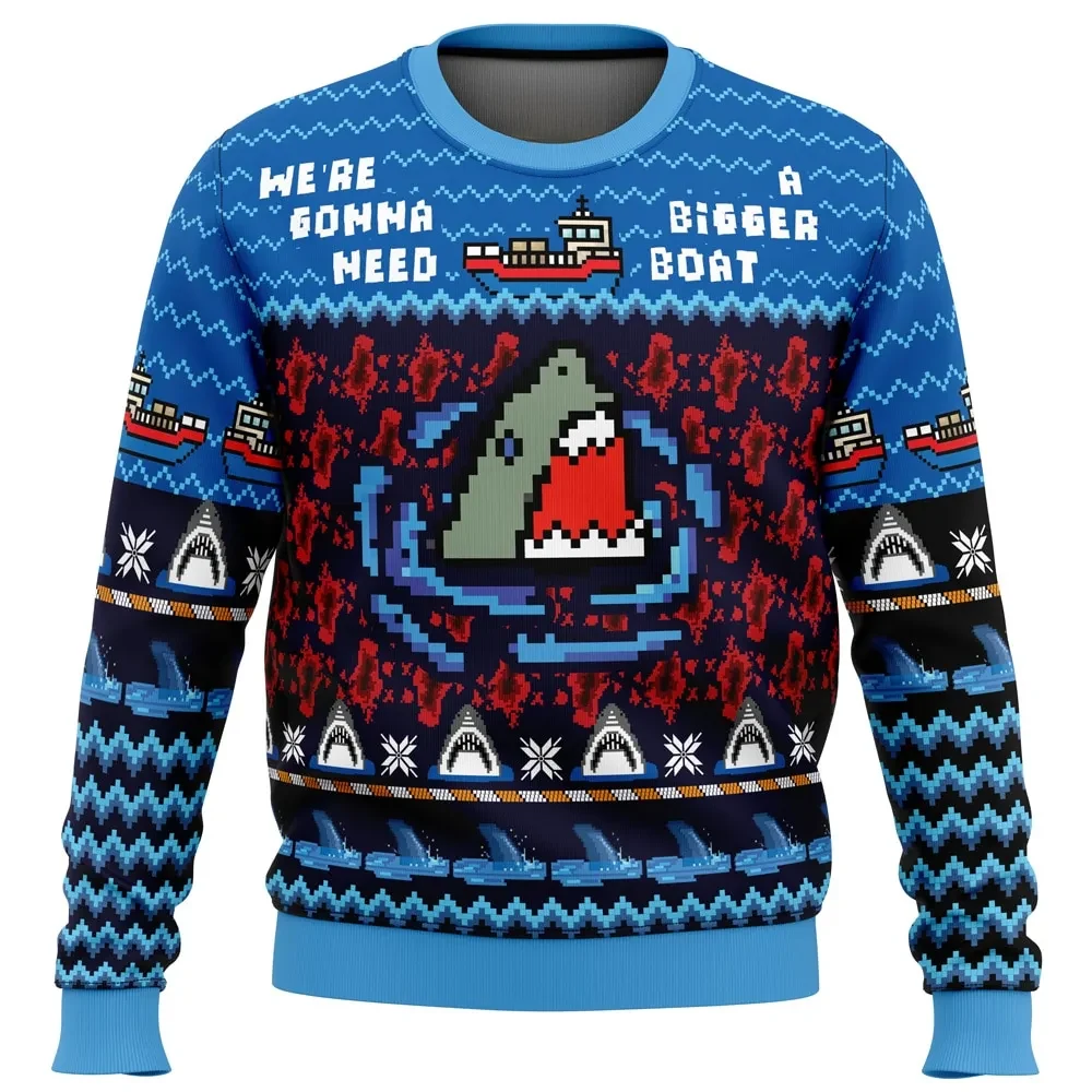 We're Gonna Need A Bigger Boat Jaws Ugly Christmas Sweater, Shark Movie Holiday Sweater, Pixel Art Great White Movie Xmas Gift for Fans