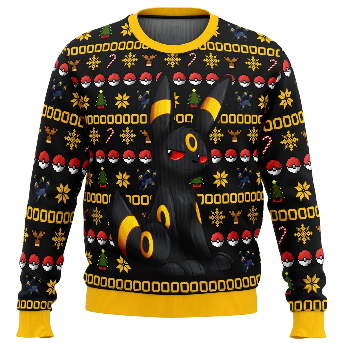 Umbreon Pokemon Christmas Ugly Christmas Sweater, Pokemon Holiday Sweater with Poke Balls and Candy Canes, Eeveelution Gamer Xmas Gift