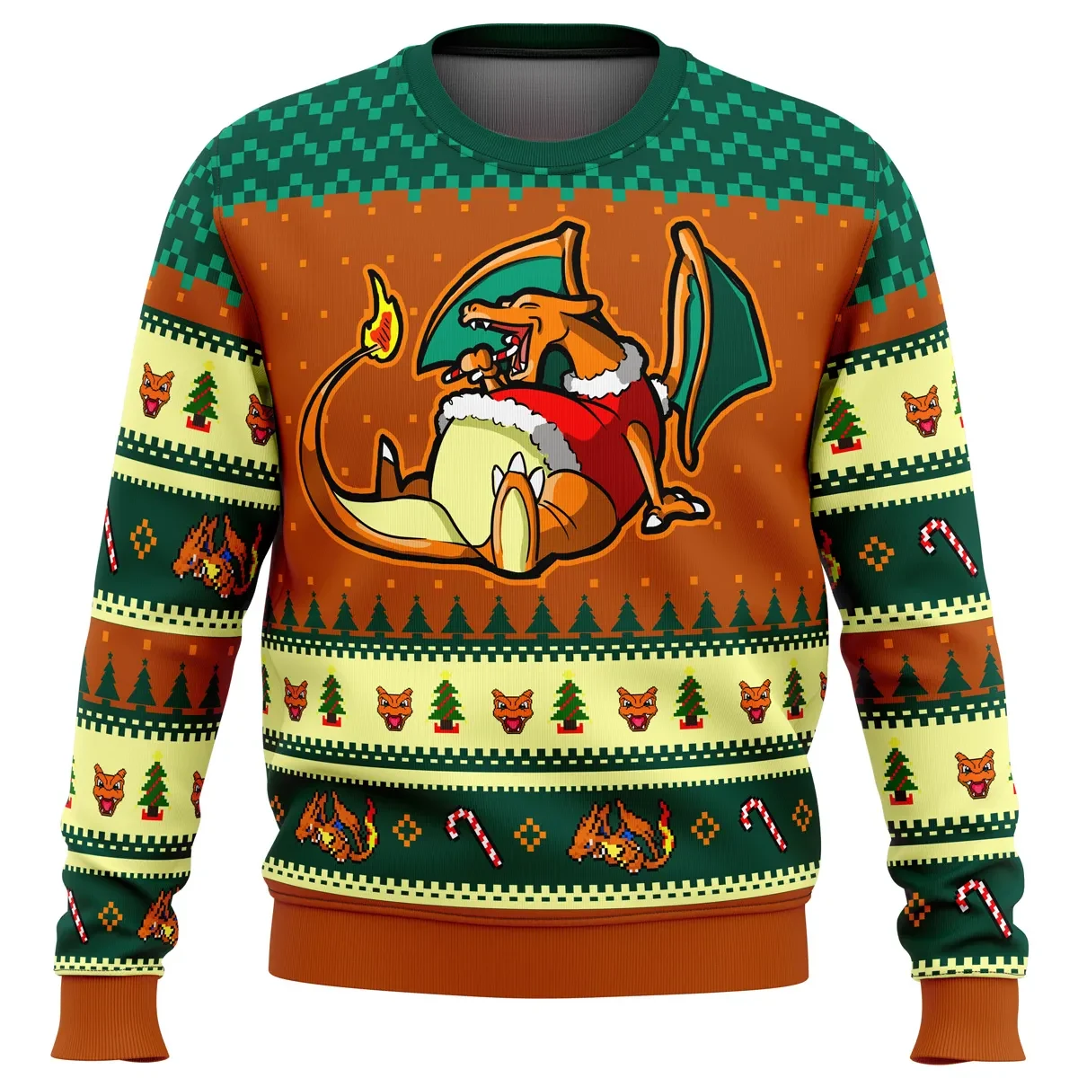 Pokemon Charizard Eating Candy Cane Ugly Christmas Sweater, Santa Charizard Holiday Sweater, Unisex All Over Print Xmas Sweatshirt, Gamer Gift