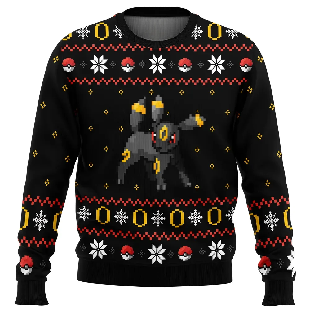 Pokemon Ring of Umbreon Ugly Christmas Sweater, Umbreon Holiday Sweater, Pixel Art Poke Ball Pattern, Pokemon Gamer Xmas Gift, Unisex Pullover