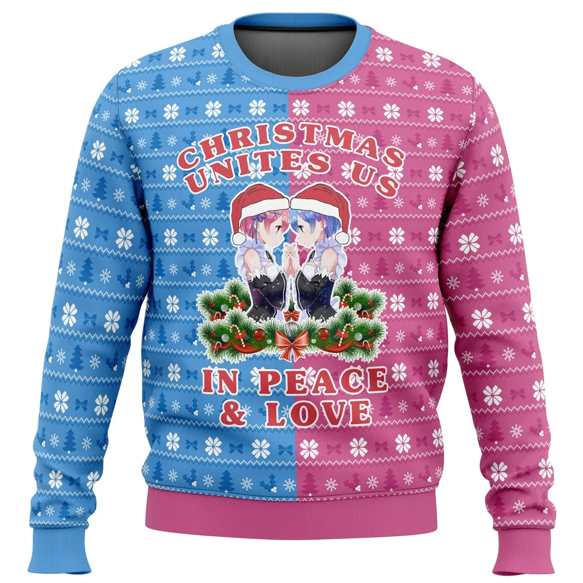 Re Zero Ram and Rem Christmas Ugly Christmas Sweater, Re:Zero Twin Maids Anime Holiday Sweatshirt, Unisex Anime Xmas Gift for Fans
