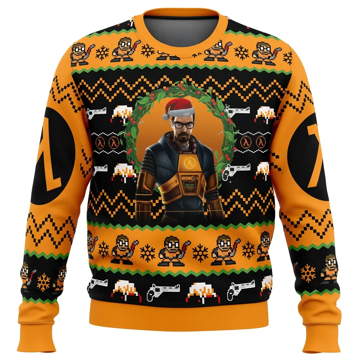 Gordon Freeman Half-Life Ugly Christmas Sweater, Gamer Holiday Sweater, Lambda Logo Headcrab Video Game Xmas Gift for PC Gaming Fans