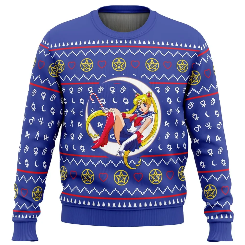 Sailor Moon Sitting on Moon Ugly Christmas Sweater, Sailor Moon Holiday Sweater, Usagi with Candy Cane Magical Girl Anime Xmas Gift for Moonies