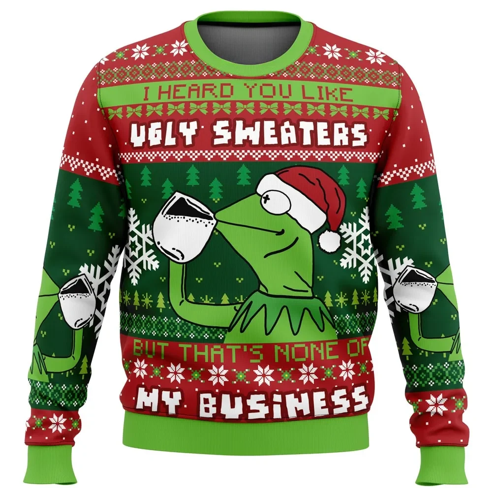 None of My Business Kermit the Frog Ugly Christmas Sweater, Funny Meme Holiday Sweater, Muppet Sipping Tea Santa Hat Sweatshirt, Xmas Party Gift