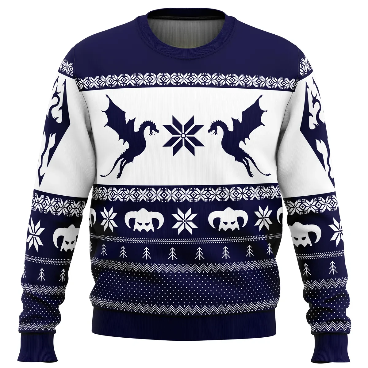 Skyrim Dragon Ugly Christmas Sweater, Elder Scrolls Dragonborn Helmet Holiday Sweater, Navy and White Nordic Gamer Xmas Gift for RPG Fans