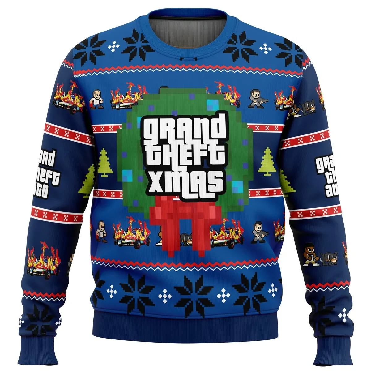 Grand Theft Xmas GTA Grand Theft Auto Ugly Christmas Sweater, Gamer Holiday Sweater, Pixel Wreath Video Game Xmas Gift for Open World Fans
