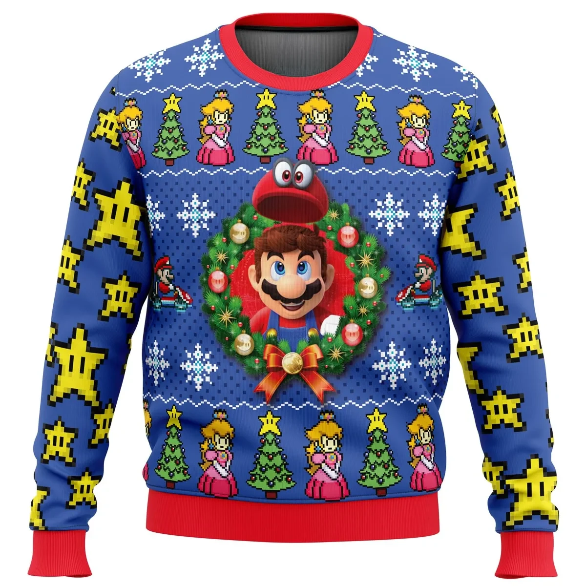 Super Mario Odyssey Ugly Christmas Sweater, Super Mario Holiday Sweater, Nintendo Gamer Xmas Gift with Cappy, Princess Peach and Mario Kart