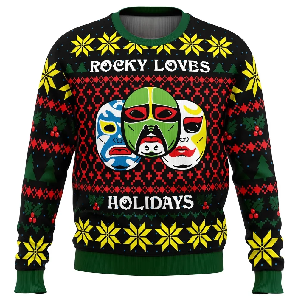 Rocky Loves Holidays 3 Ninjas Ugly Christmas Sweater, 90s Movie Holiday Sweater with Ninja Masks, Funny Xmas Gift for Nostalgia Fans