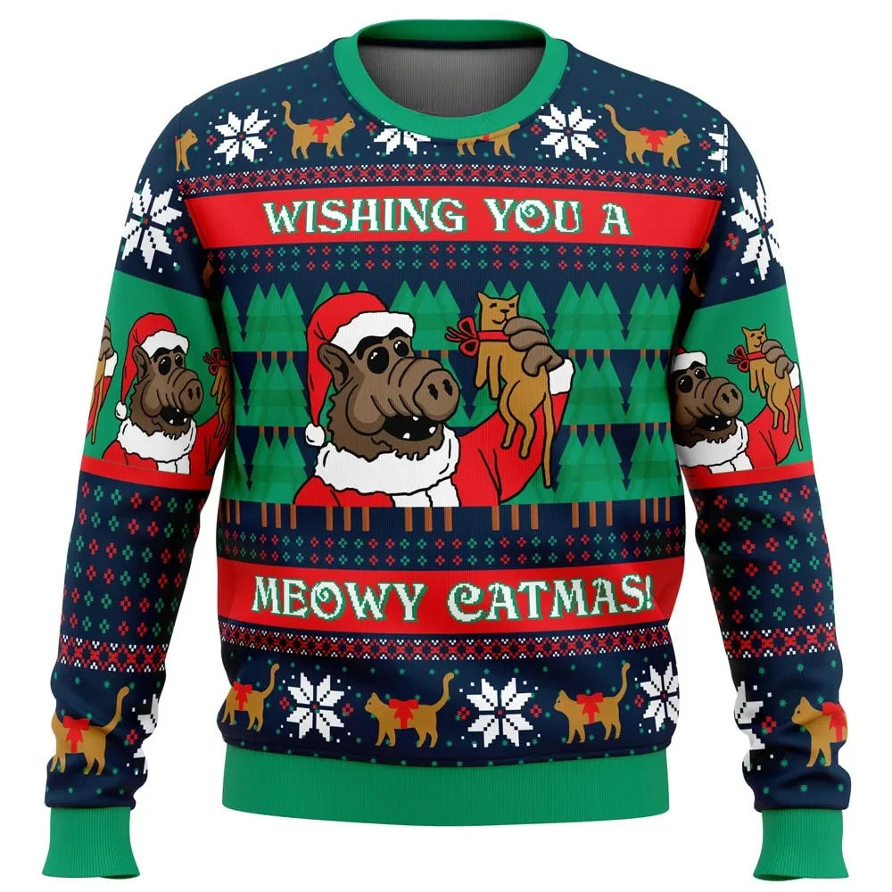 Meowy Catmas Alf Ugly Christmas Sweater, ALF TV Show Holiday Sweatshirt, Funny 80s Xmas Gift for Cat Lovers, Unisex All Over Print