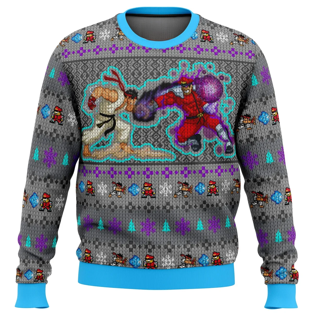 Street Fighter Ryu Vs. M. Bison Ugly Christmas Sweater, Psycho Power Pixel Art Gamer Holiday Sweater, Retro Arcade Xmas Sweatshirt, Gift for Fans