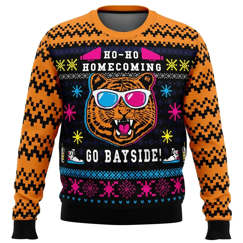 Go Bayside Saved by the Bell Ugly Christmas Sweater, Ho-Ho Homecoming Holiday Sweater, 90s TV Show Xmas Gift, Retro Tiger Mascot Sweatshirt