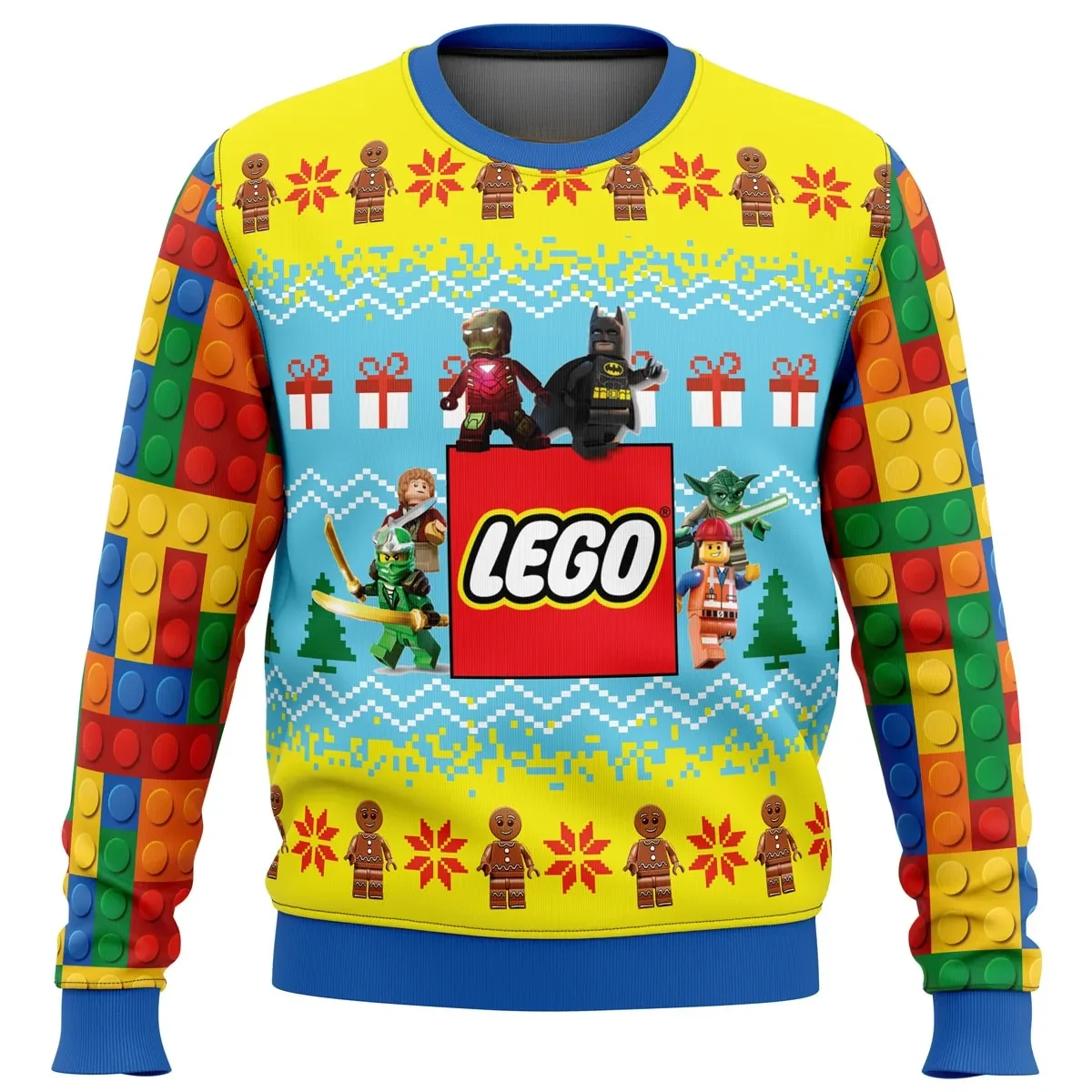 Lego Ugly Christmas Sweater, Lego Movie Batman and Emmet Minifigure Holiday Sweatshirt, Brick Builder Gamer Xmas Gift for Kids at Heart