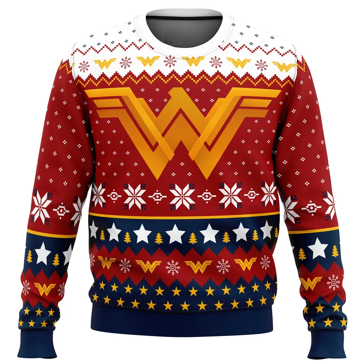 Super Heroes Wonder Woman Christmas Ugly Christmas Sweater, DC Holiday Sweater, Gold Emblem Superhero Xmas Gift, Unisex All Over Print Sweatshirt