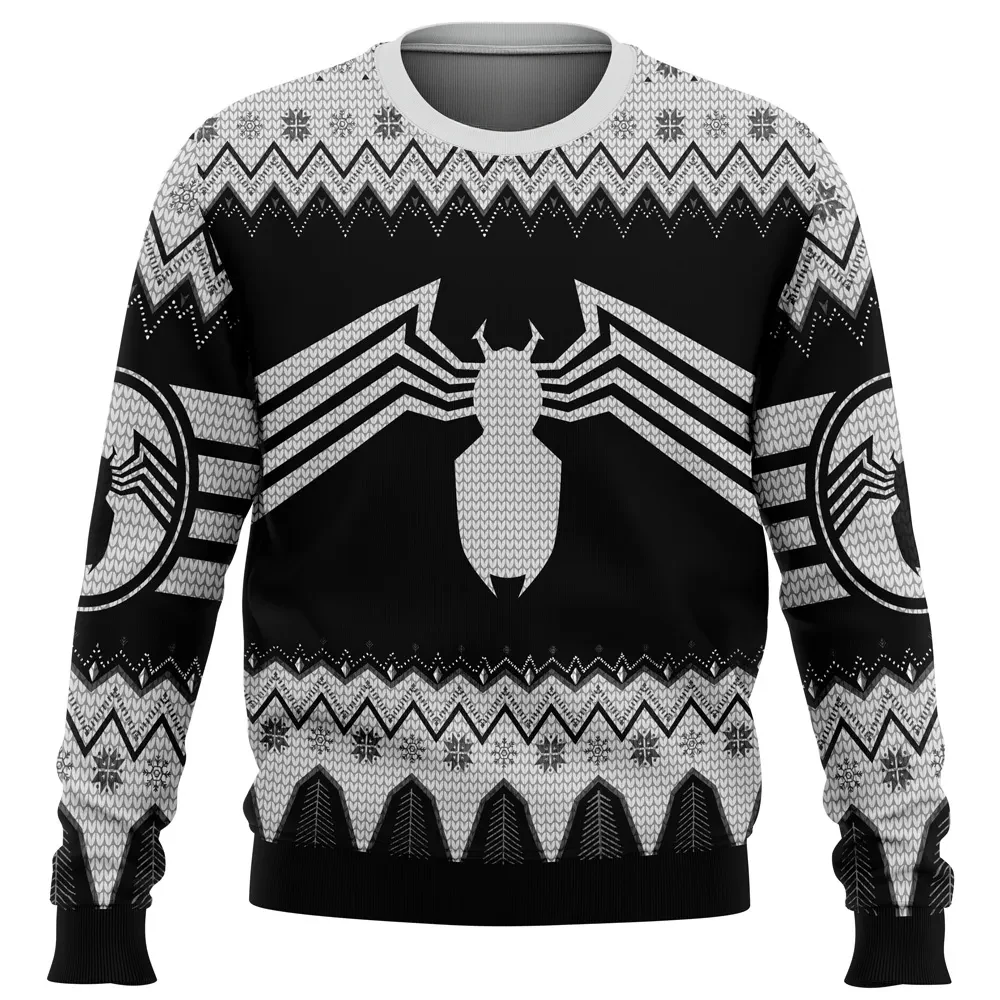 Venom Symbol Marvel Ugly Christmas Sweater, Venom Spider Logo Holiday Sweater, Black and White Symbiote Superhero Xmas Gift for Comic Fans