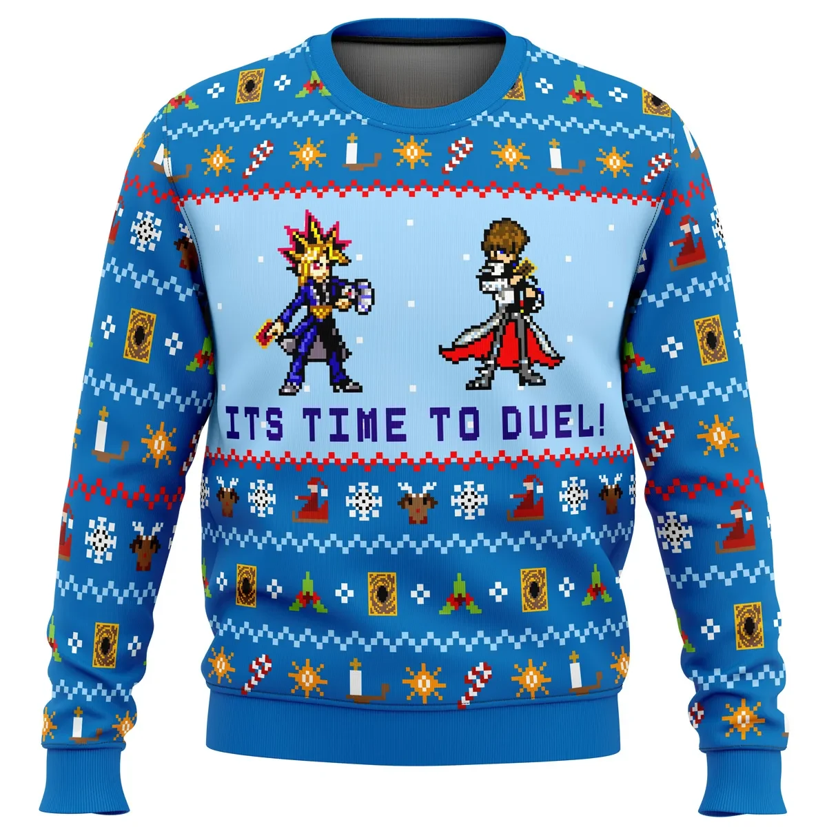 Its Time To Duel Yugioh Ugly Christmas Sweater, Yugi and Kaiba Pixel Holiday Sweater with Duel Monsters Cards, Anime Xmas Gift for Fans