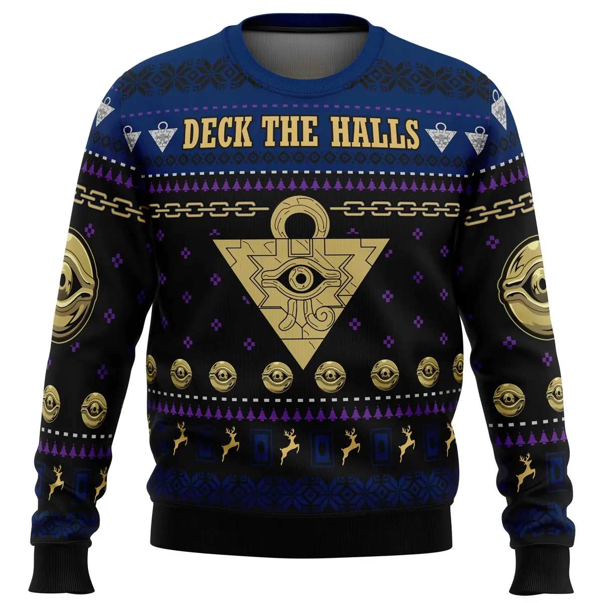 Yugioh Deck the Halls Ugly Christmas Sweater, Yu-Gi-Oh Millennium Puzzle Holiday Sweater, Gold Eye of Wdjat Duelist, Anime Xmas Gift