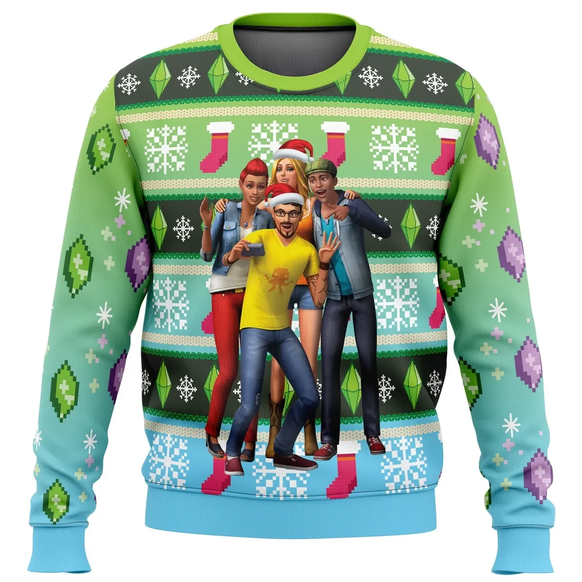The Sims Ugly Christmas Sweater, Sims Plumbob Holiday Sweater, Simulation Video Game Characters in Santa Hats, Gamer Xmas Gift