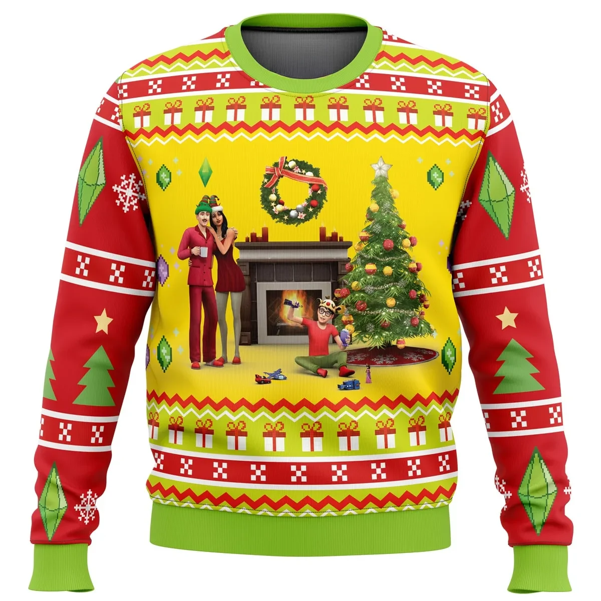 The Sims 4 Ugly Christmas Sweater, Sims Family Holiday Sweater, Plumbob Gamer Xmas Gift, Unisex All Over Print Sweatshirt for Simmers