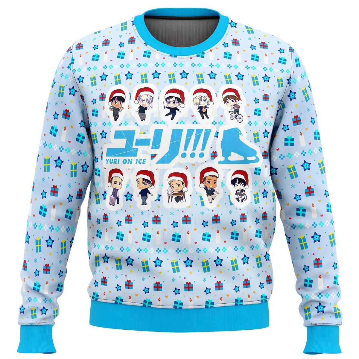 Yuri on Ice Cute Chibi Ugly Christmas Sweater, Figure Skating Anime Holiday Sweatshirt, Santa Hat Skaters Unisex Anime Xmas Gift for Fans