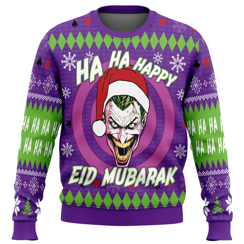 Joker Ha Ha Happy Eid Mubarak Ugly Christmas Sweater, Jokes On You DC Comics Villain Holiday Sweater, Unisex Xmas Sweatshirt, Funny Gift for Fans