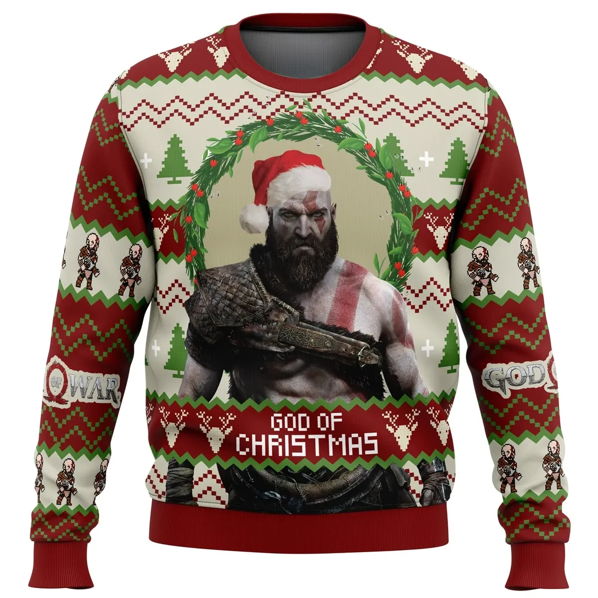 God of Christmas God of War Ugly Christmas Sweater, Kratos Santa Hat Holiday Sweatshirt, Unisex Gamer Xmas Gift for PlayStation Fans
