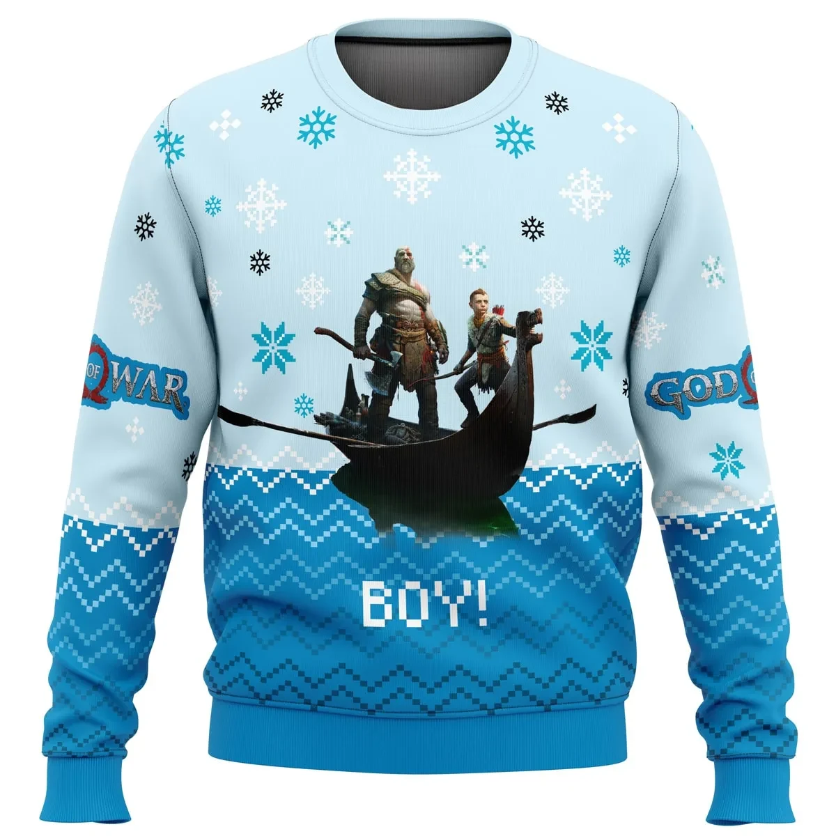 Boy! God of War Ugly Christmas Sweater, Kratos and Atreus Holiday Sweater, PlayStation Action Adventure Gamer Xmas Gift for Fans