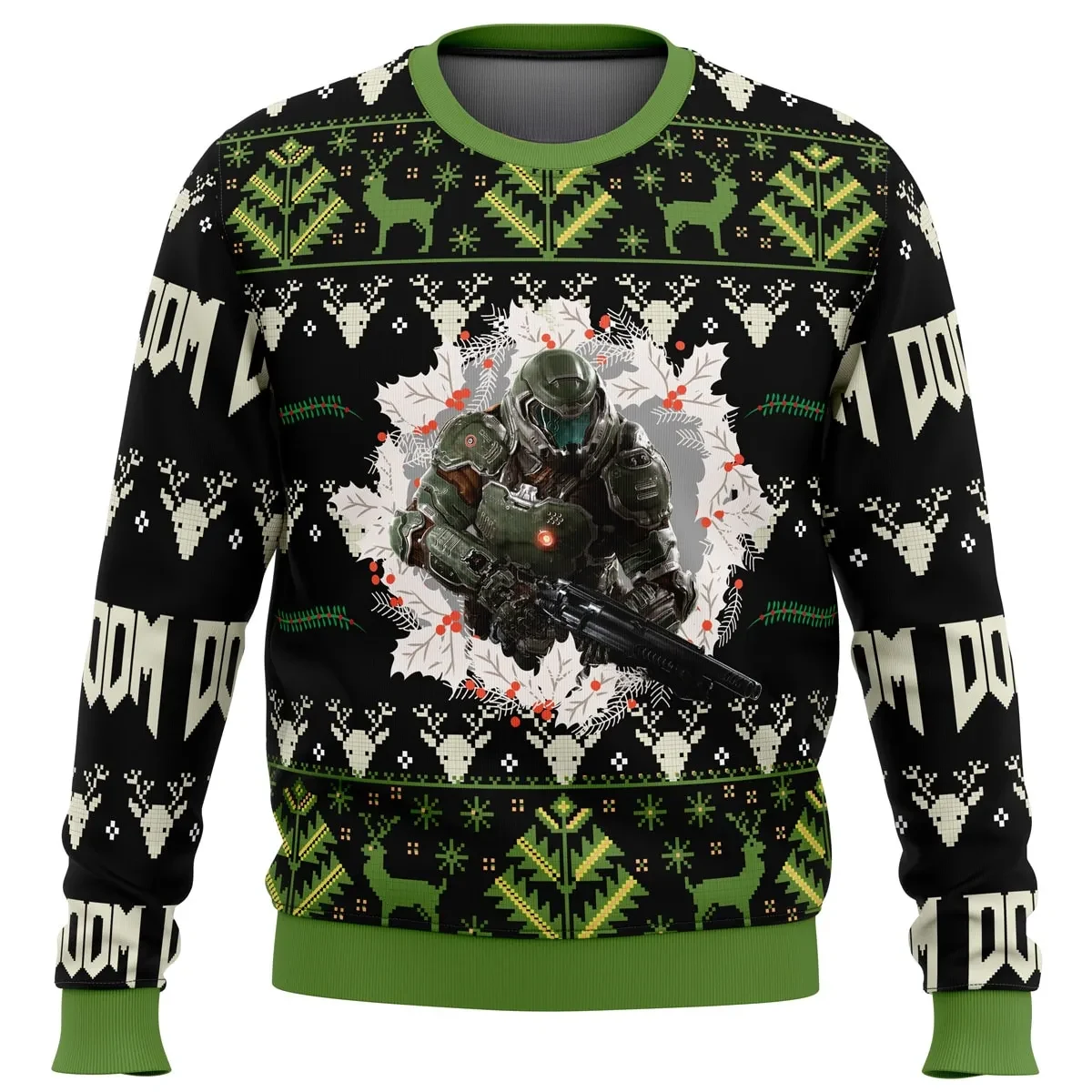 Doom Slayer Ugly Christmas Sweater, Doom Video Game Holiday Sweater, Holly Wreath and Reindeer Pattern, Gamer Xmas Gift, Unisex Sweatshirt