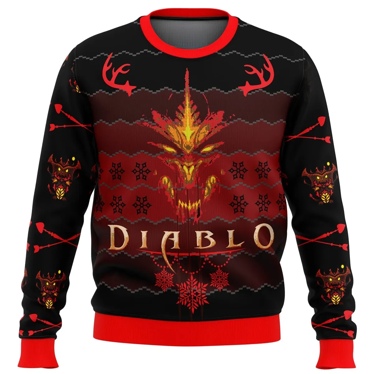 Diablo 3 Ugly Christmas Sweater, Diablo Gamer Holiday Sweater, Demon Lord with Antlers, Unisex All Over Print Video Game Xmas Gift for RPG Fans