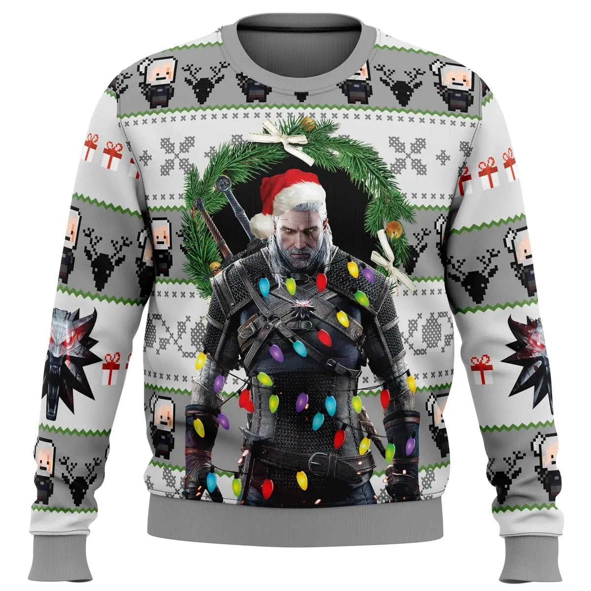 The Witcher Wild Hunt Ugly Christmas Sweater, Geralt of Rivia Holiday Sweater, Gamer Xmas Gift, Unisex All Over Print Sweatshirt