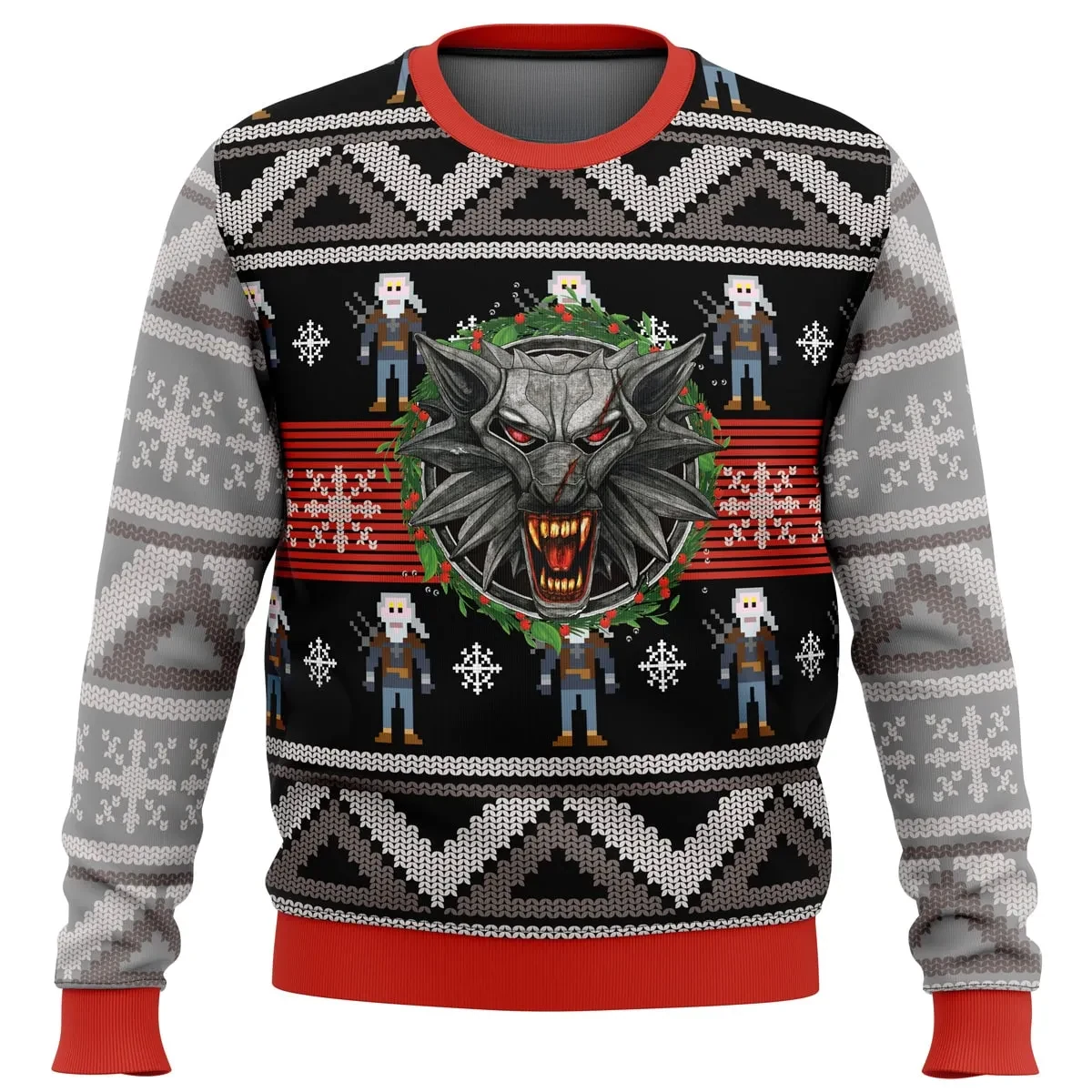 The Witcher 2 Ugly Christmas Sweater, Geralt Wolf Medallion Holiday Sweatshirt, RPG Gamer Xmas Gift, Unisex All Over Print Pullover