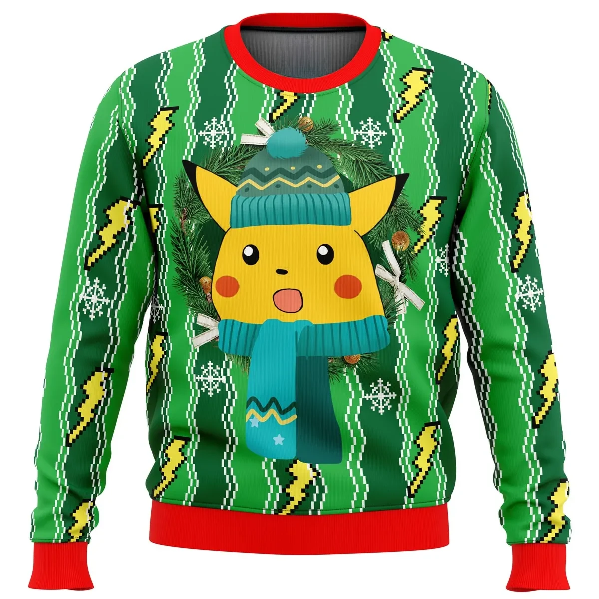 Pikachu Pokemon Ugly Christmas Sweater, Pikachu Winter Hat and Scarf Holiday Sweater, Lightning Bolt Anime Xmas Gift for Trainers and Fans