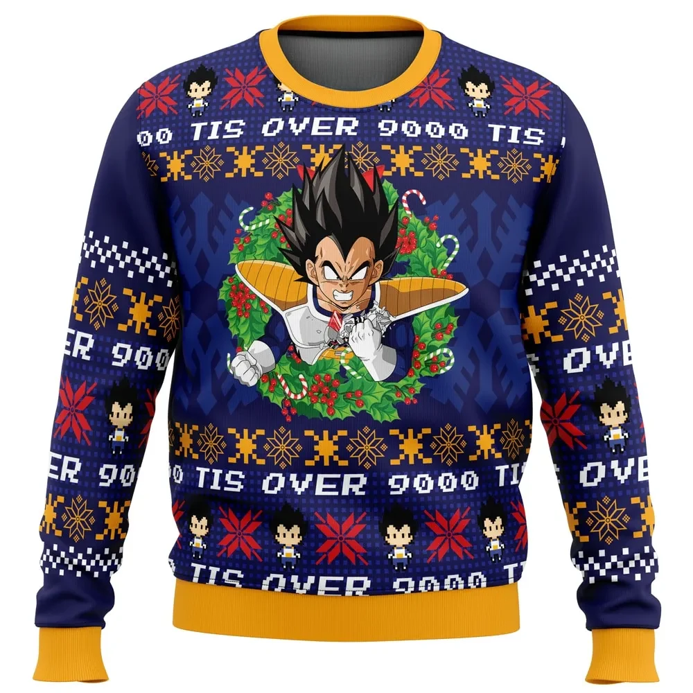 Tis Over 9000 Dragon Ball Z Ugly Christmas Sweater, Vegeta Scouter Wreath Holiday Sweater, Funny DBZ Anime Xmas Gift for Saiyan Fans