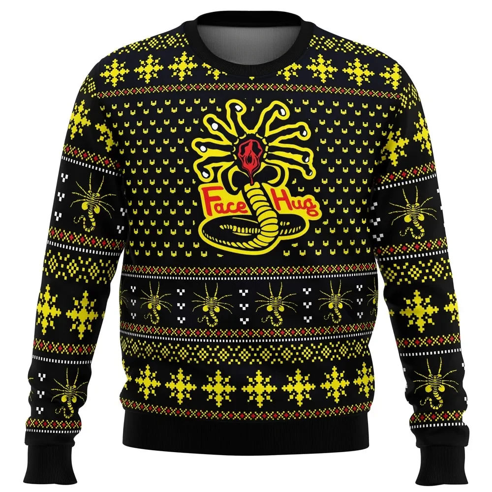 Face Hugs For Everyone Alien Ugly Christmas Sweater, Facehugger Holiday Sweater, Funny Sci-Fi Horror Movie Xmas Gift for Fans