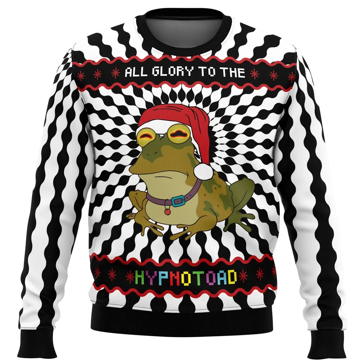 All Glory to the Hypnotoad Futurama Ugly Christmas Sweater, Futurama Cartoon Holiday Sweater, Hypnotic Swirl Santa Toad, Xmas Gift for Fans