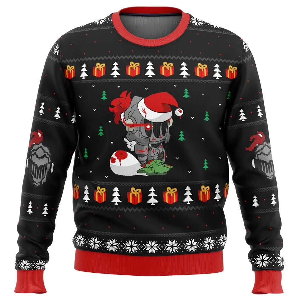 Chibi Goblin Slayer Ugly Christmas Sweater, Goblin Slayer Anime Holiday Sweater, Santa Hat Hero with Gift Sack, Anime Xmas Gift for Fantasy Fans