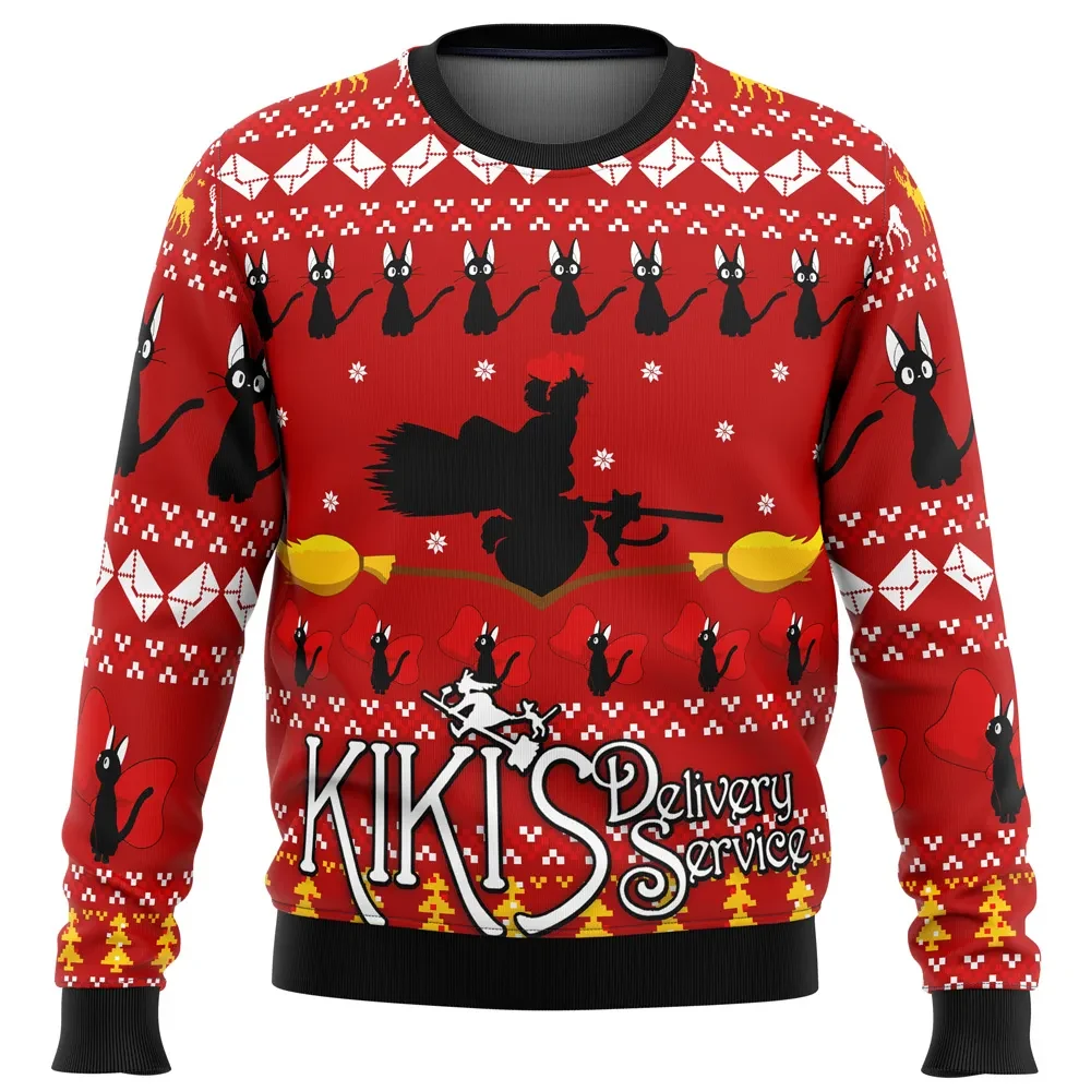 Silhouette Kiki's Delivery Service Ugly Christmas Sweater, Studio Ghibli Holiday Sweater with Jiji Cats, Unisex Anime Xmas Gift for Fans
