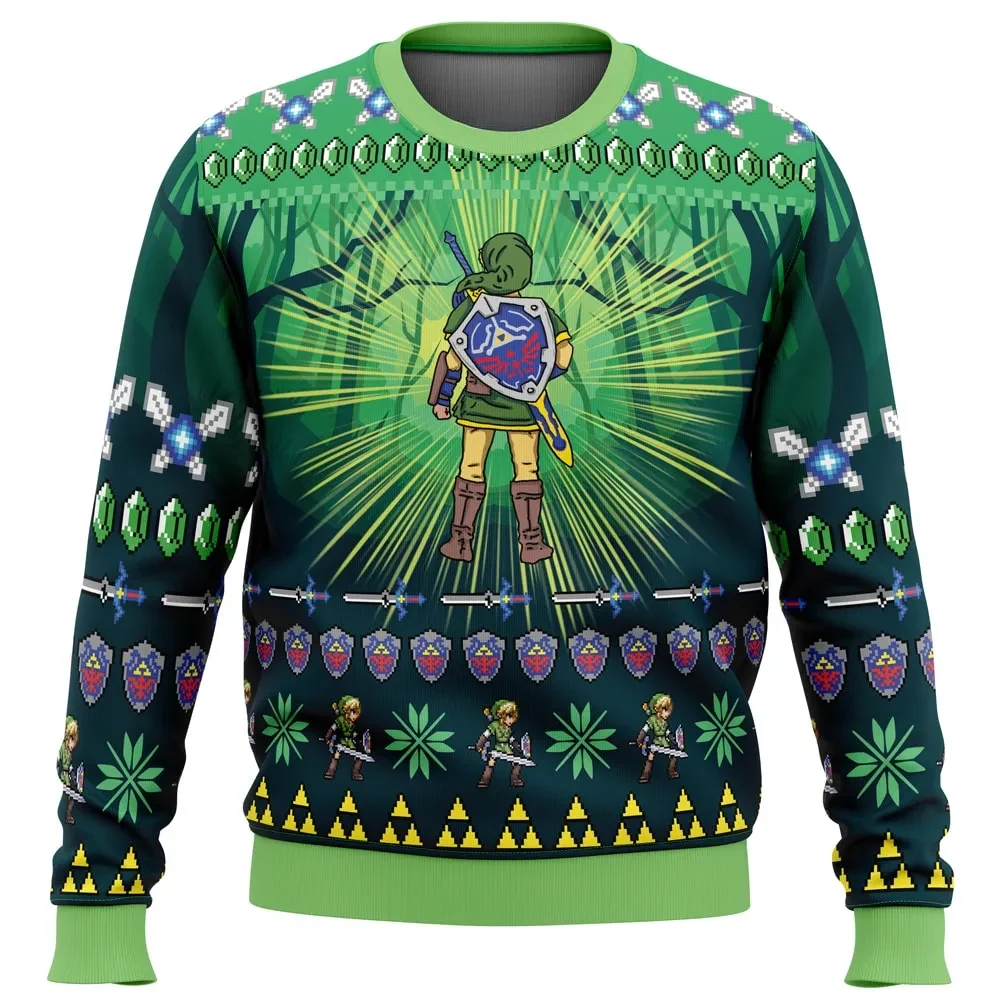 Link Legend of Zelda Ugly Christmas Sweater, Hylian Shield Zelda Gamer Holiday Sweater, Unisex All Over Print Video Game Xmas Gift for Fans