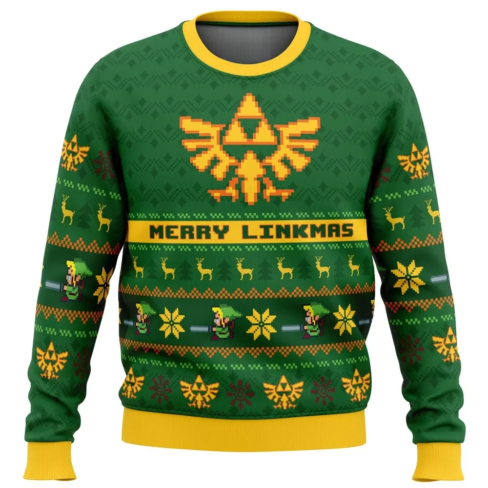 Merry Linkmas Zelda Ugly Christmas Sweater, Legend of Zelda Holiday Sweater with Hylian Crest, Unisex Gamer Xmas Gift for Hyrule Fans