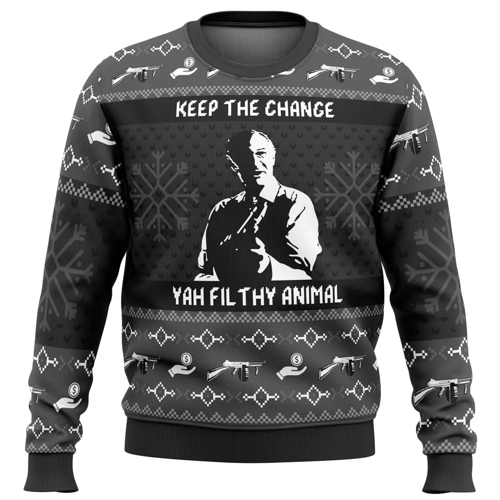 Keep the Change Yah Filthy Animal Home Alone Ugly Christmas Sweater, Holiday Movie Sweater, Funny Quote Xmas Gift for Classic Film Fans