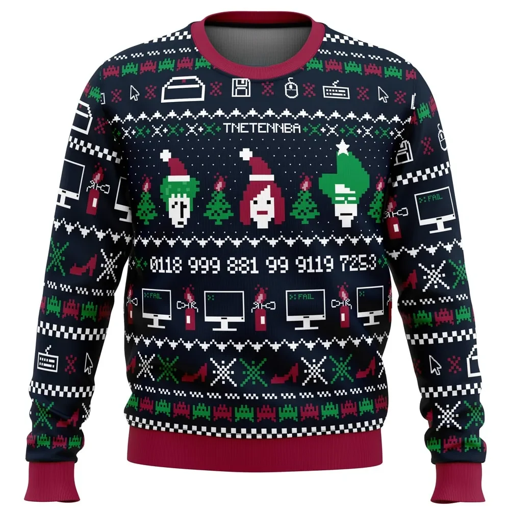 The X-Mas Crowd IT Crowd Ugly Christmas Sweater, The IT Crowd Holiday Sweater with Roy Moss and Jen, Unisex Pixel Art TV Show Xmas Gift