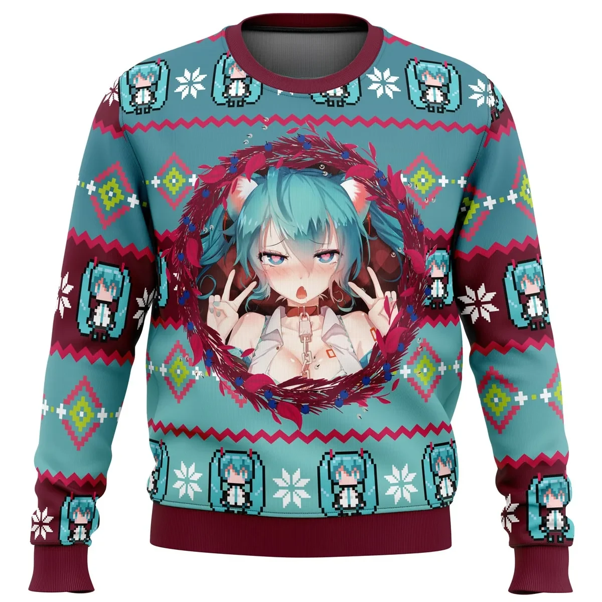 Ahegao Hatsune Miku Ugly Christmas Sweater, Vocaloid Holiday Sweater, Teal Twin Tails and Chibi Rows Funny Anime Xmas Gift for Otaku Fans