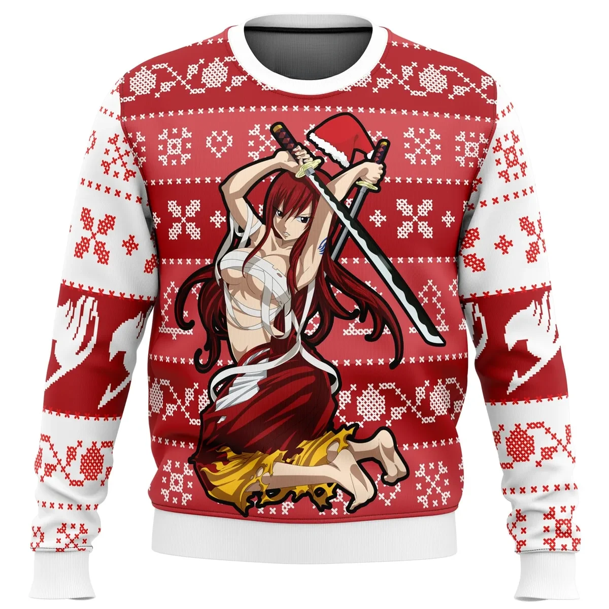 Erza Scarlet Fairy Tail Ugly Christmas Sweater, Fairy Tail Guild Mark Anime Holiday Sweater, Titania Santa Hat Anime Xmas Gift for Fans