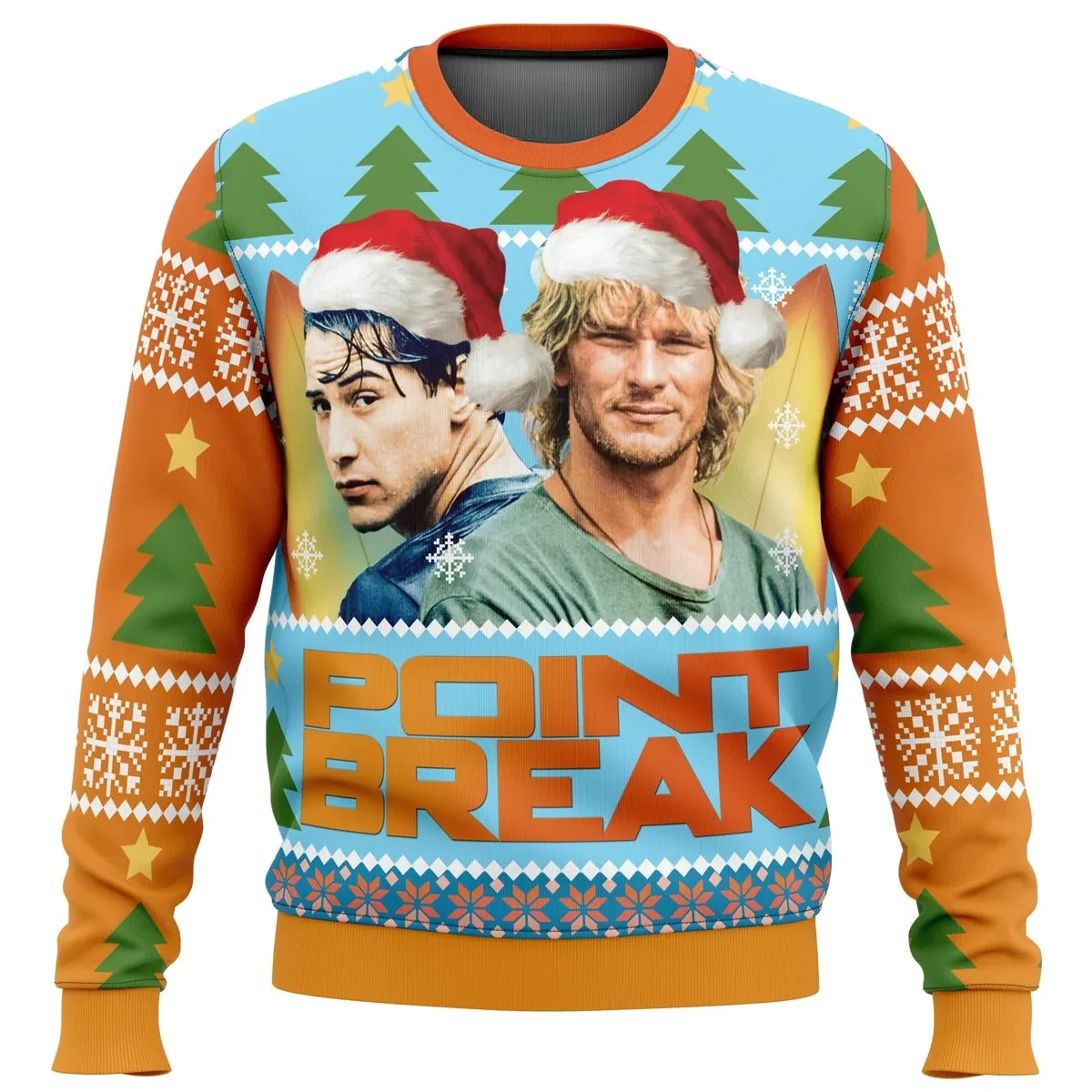 Point Break Ugly Christmas Sweater, Johnny Utah and Bodhi Santa Hat Holiday Sweater, 90s Surf Movie Xmas Gift, Unisex All Over Print Sweatshirt