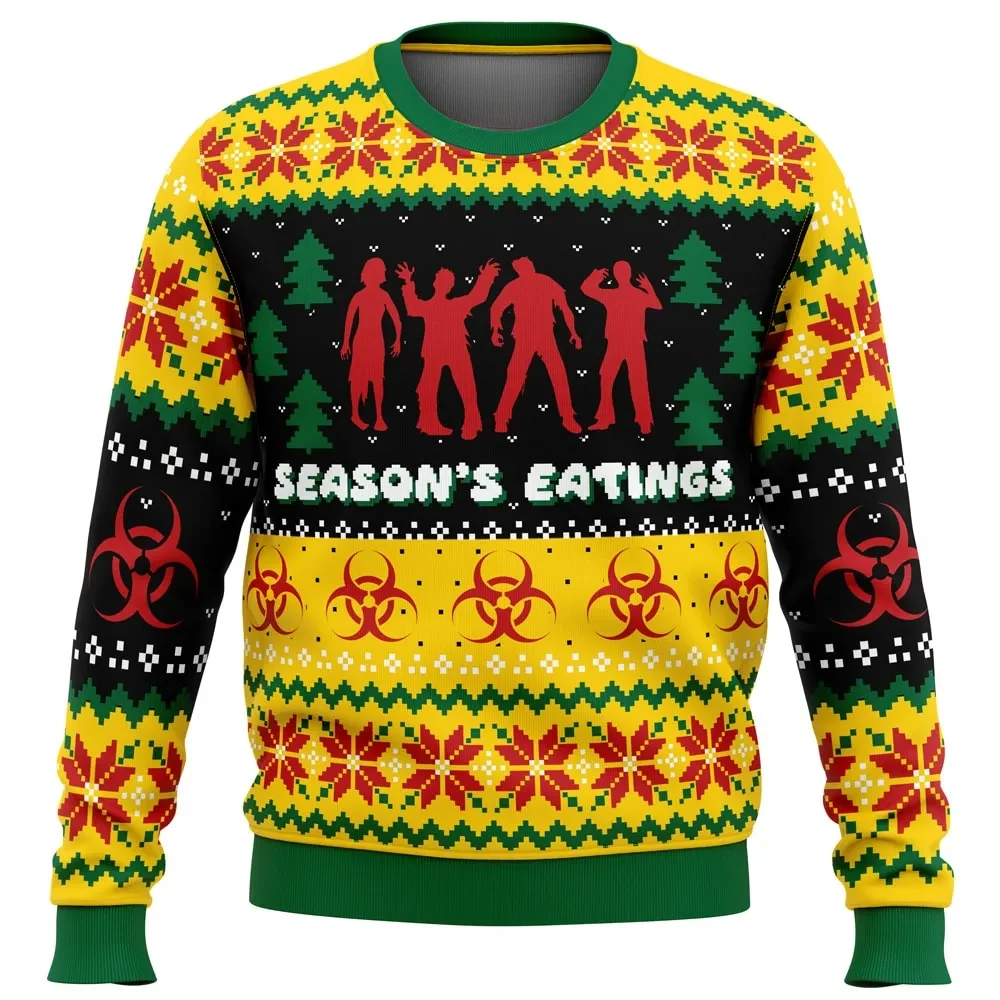 Season's Eatings Zombie Ugly Christmas Sweater, Horror Holiday Sweatshirt with Biohazard Symbols, Funny Undead Xmas Party Gift